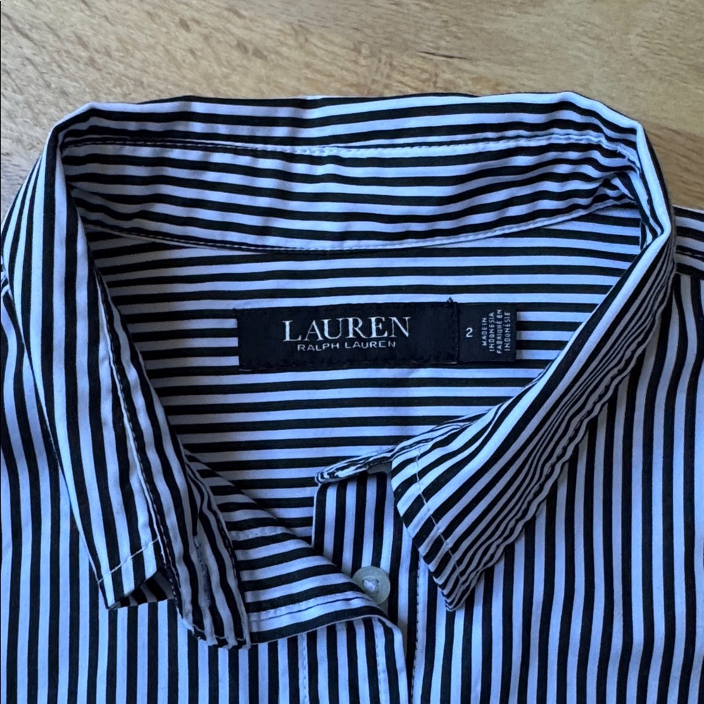 Ralph Lauren black & white striped button down puff shoulder shirt size 2 cotton